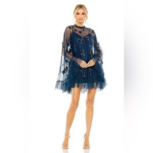 EMBELLISHED LONG FLARE SLEEVE MESH A-LINE DRESS